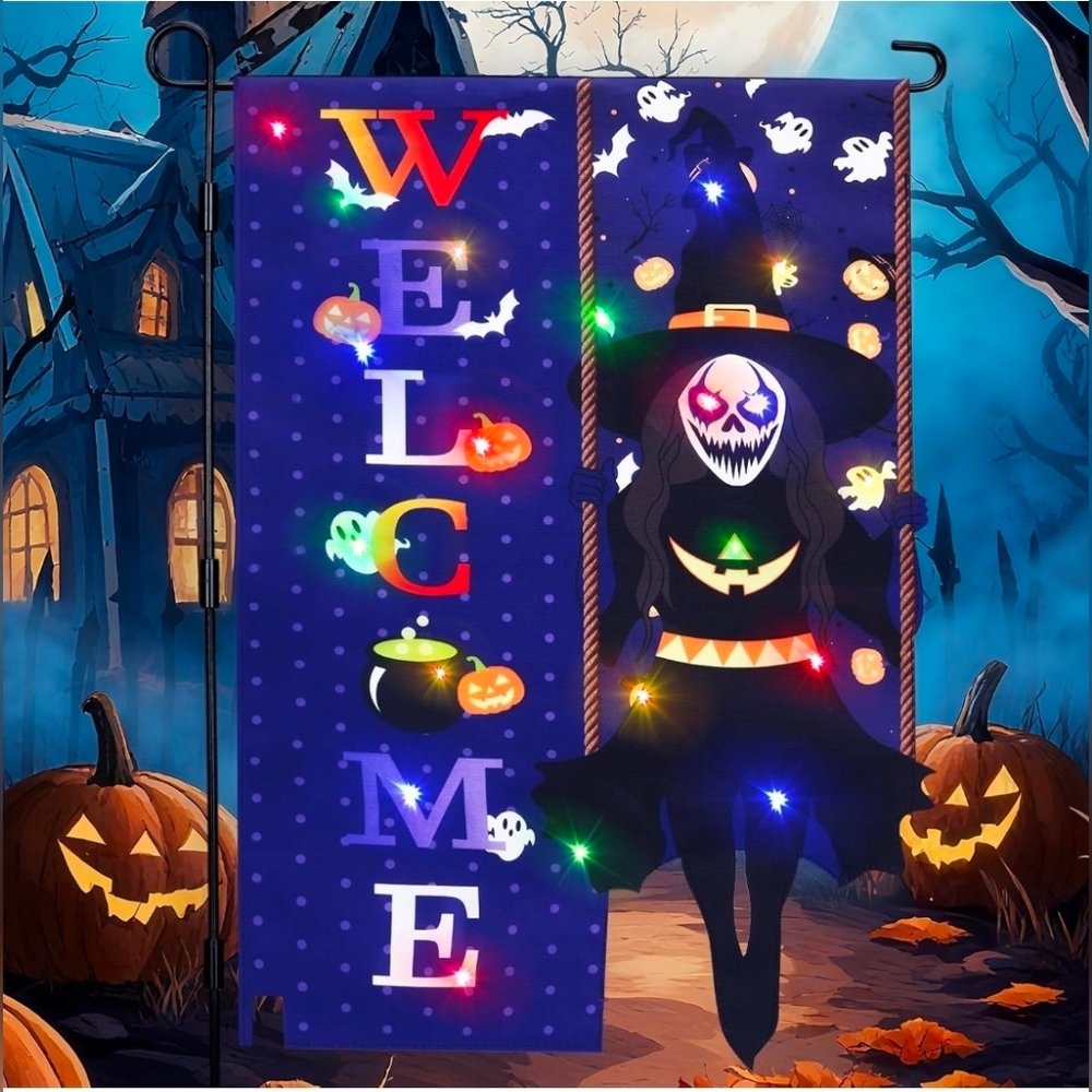 Halloween LED Garden Flag 8 Modes Feet Shape Flag, 12x18 Double Sided (Witch)